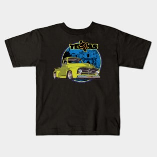 Texas-Style Custom Ford Truck Alamo scene yellow-green, blue and black colors Kids T-Shirt